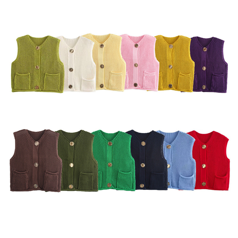 2025 Early Spring New Products European and American Cross-border Street Fashion Hook Hollow Vest Solid Color All-match Crewneck Jacket