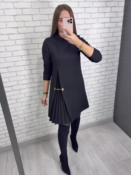 Amazon Foreign Trade Women's Clothing 2026 Autumn New Black Long-Sleeve Dress with Ruched Hem and Elegant Design