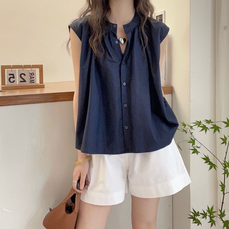 2026 Summer New Style Simple Pleated Flutter Sleeve Shirt for Women Sweet Korean Style Blouse 2026 Summer New Style Simple Pleated Flutter Sleeve Shirt for Women Sweet Korean Style Blouse
