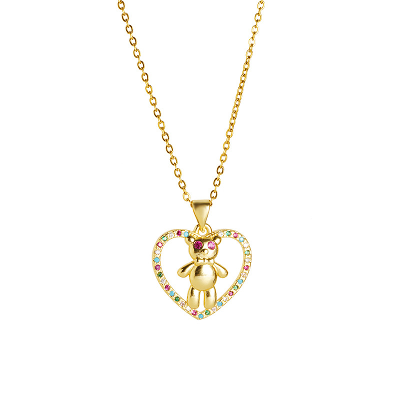 Collar de oro de arena de estilo antiguo Pendientes de oso en forma de corazón con incrustaciones de lujo ligero de moda