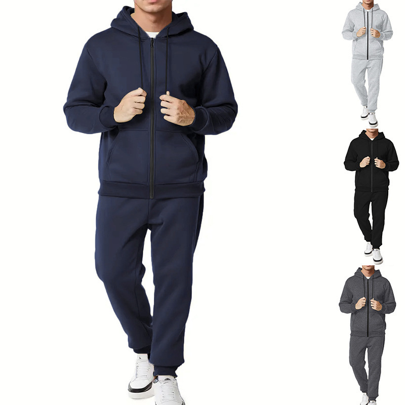 Transfronterizo Amazon nuevo chaqueta hombre otoño invierno pantalones casuales de dos piezas con cremallera encapuchada de color sólido Cardigan para hombres