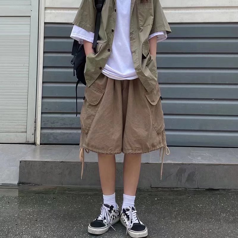 Japanese summer wide-leg workwear shorts men's ins fashion brand loose five-point shorts all-match straight over-the-knee pants