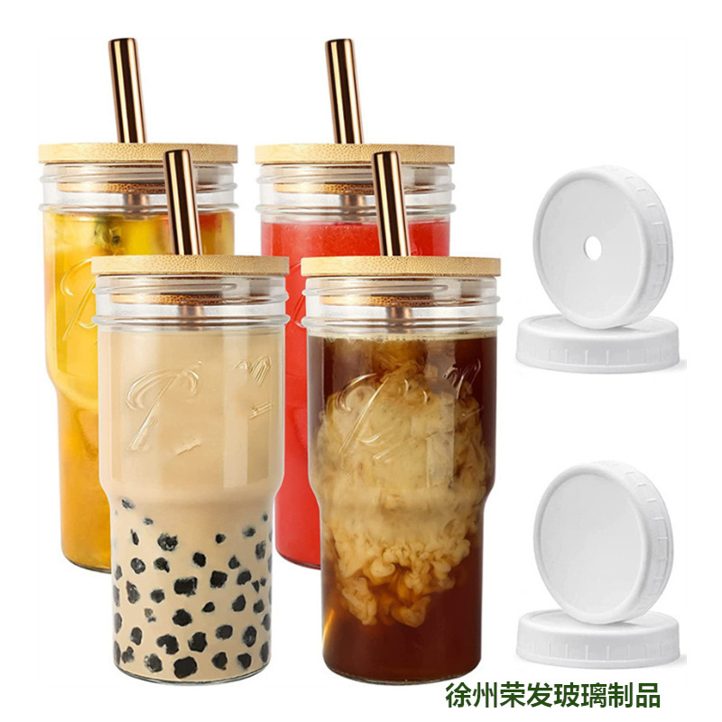 跨境亚马逊竹盖饮料玻璃水杯吸管杯网红家用奶茶杯22oz盎司玻璃瓶|undefined