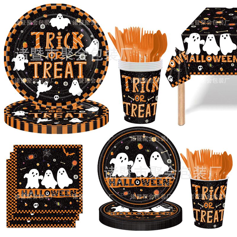 Cross-Border New Halloween Ghost Party Decoration Tableware Disposable Tablecloth Paper Plates Paper Cups Paper Towel Set Cross-Border New Halloween Ghost Party Decoration Tableware Disposable Tablecloth Paper Plates Paper Cups Paper Towel Set