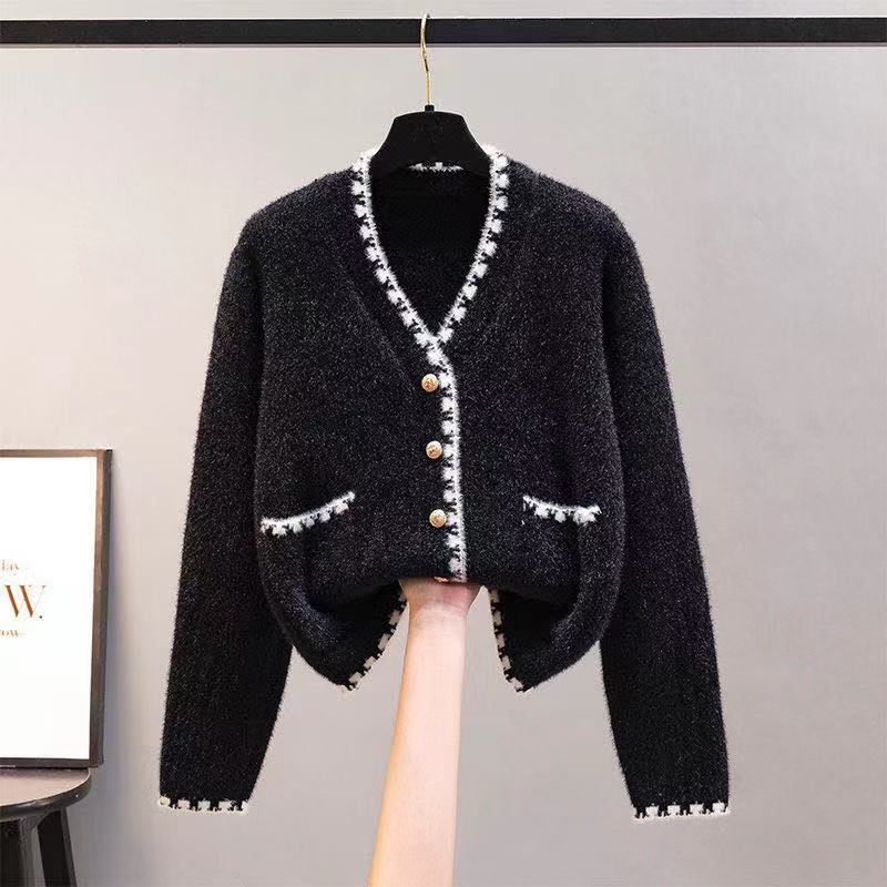 Xiaoxiang style knitted cardigan 2023 autumn and winter new item, chenille mink fur V-neck sweater women's coat_voghion.com