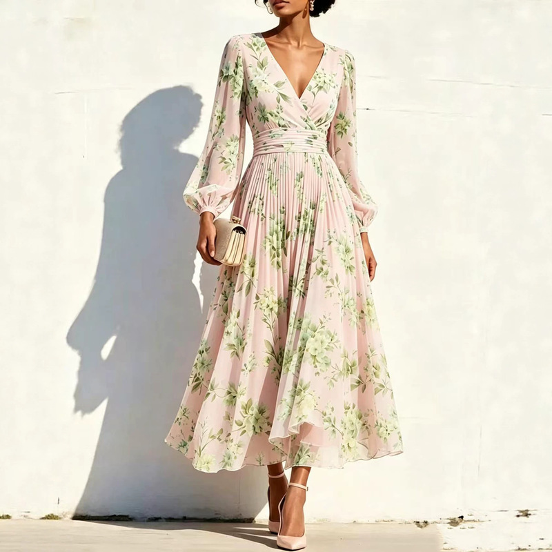 Cross-border women's clothing: small floral print V-neck wrap-style long-sleeve dress with pleated waist and flared hem Cross-border women's clothing: small floral print V-neck wrap-style long-sleeve dress with pleated waist and flared hem