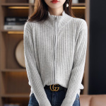 2024秋冬新款纯羊毛翻领抽条拉链开衫长袖纯色百搭简约针织衫女