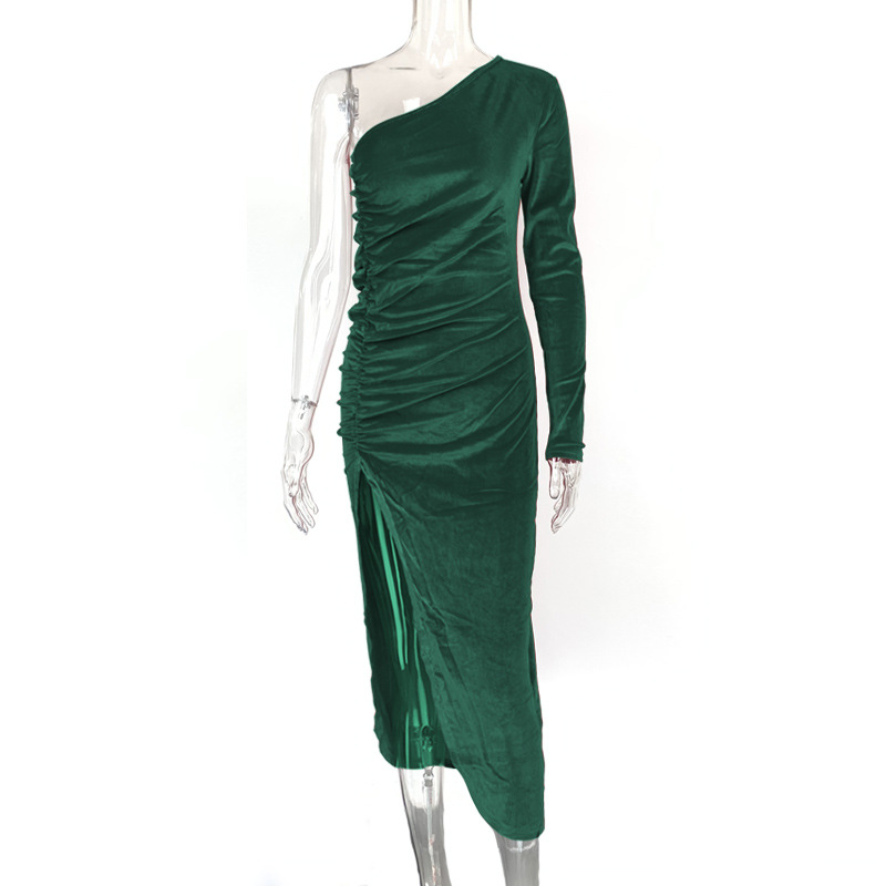 Damen Samtkleid Für Den Winter Sexy Schräges Schulter-design Slim_voghion.com