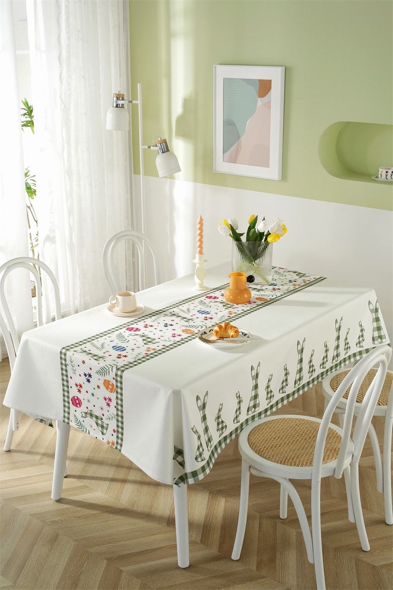 Tovaglia da caffè impermeabile in poliestere con stampa a quadri pasquali, coniglietti e fiori primaverili. Copertura per tavolo da pranzo_voghion.com
