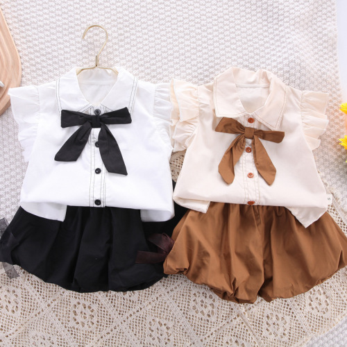 Foreign trade children's clothing girls Internet celebrity suit  summer new style small flying sleeve shirt bud pants western style two-piece trendy set