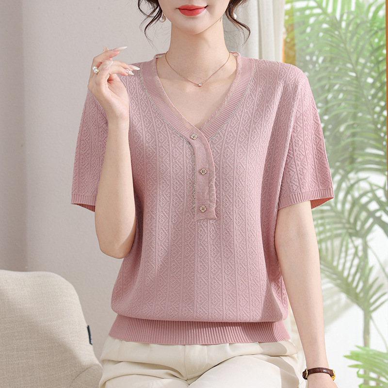 Summer Women's Short-Sleeve Tops for Middle-Aged Moms, Thin Loose Knit Shirts, Half-Sleeve T-Shirts for Mothers-In-Law Summer Women's Short-Sleeve Tops for Middle-Aged Moms, Thin Loose Knit Shirts, Half-Sleeve T-Shirts for Mothers-In-Law
