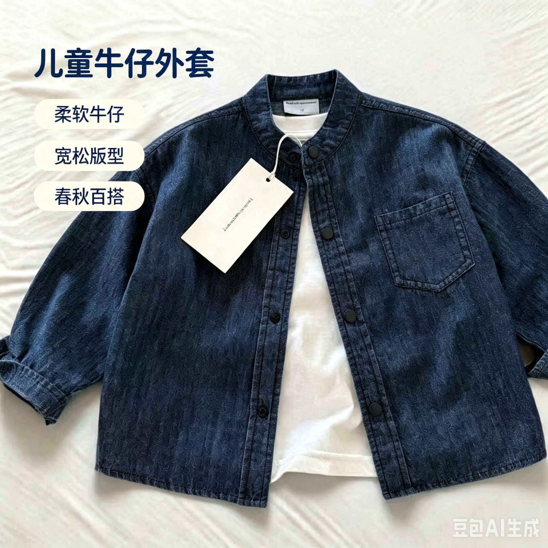 Children's denim shirt, 2025 autumn style, boys' Japanese trendy stand-up collar shirt, simple solid color thin jacket for babies and toddlers.