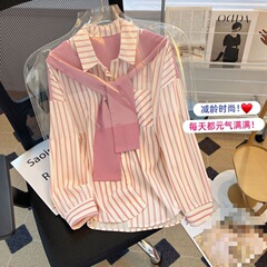 偽の2つのストールの女性の長袖のシャツの女性の春の服の2025春の新型のゆったりしている着痩せのシャツのストライプの上着