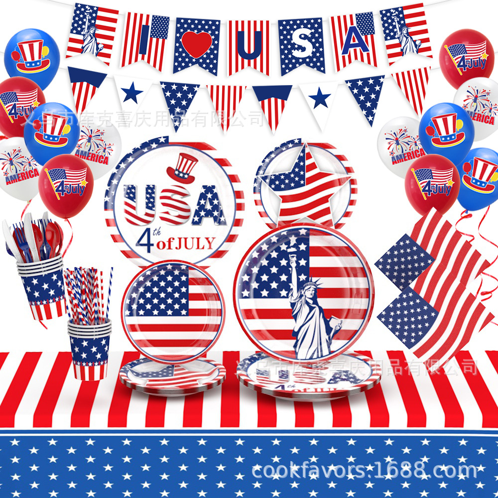 Nuevo diseño de decoración de fiesta del Día de la Independencia tema de la bandera estadounidense bandeja de papel desechable vaso de papel toalla de papel juego de vajilla