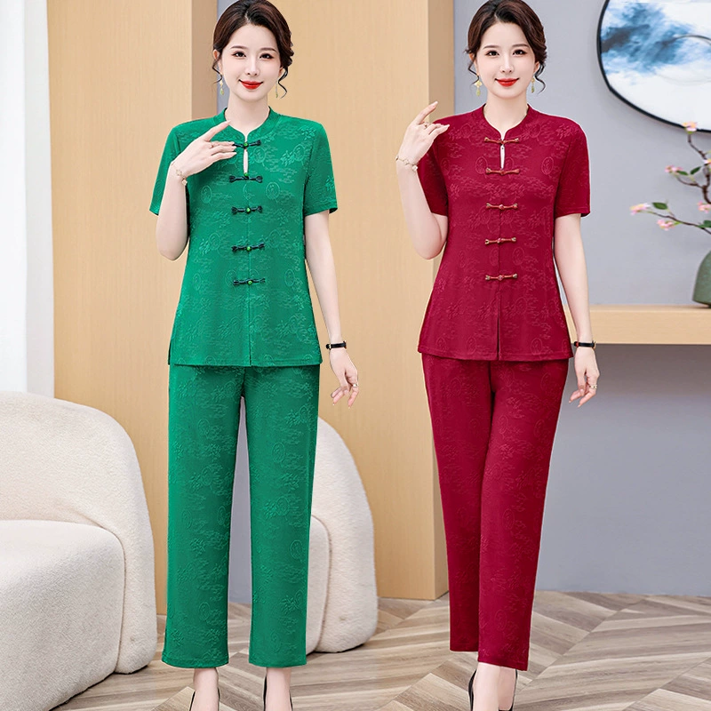 Модный ретро темперамент с короткими рукавами костюм новый национальный ветер с пуговицами топ женские повседневные брюки Летний китайский набор из двух частей