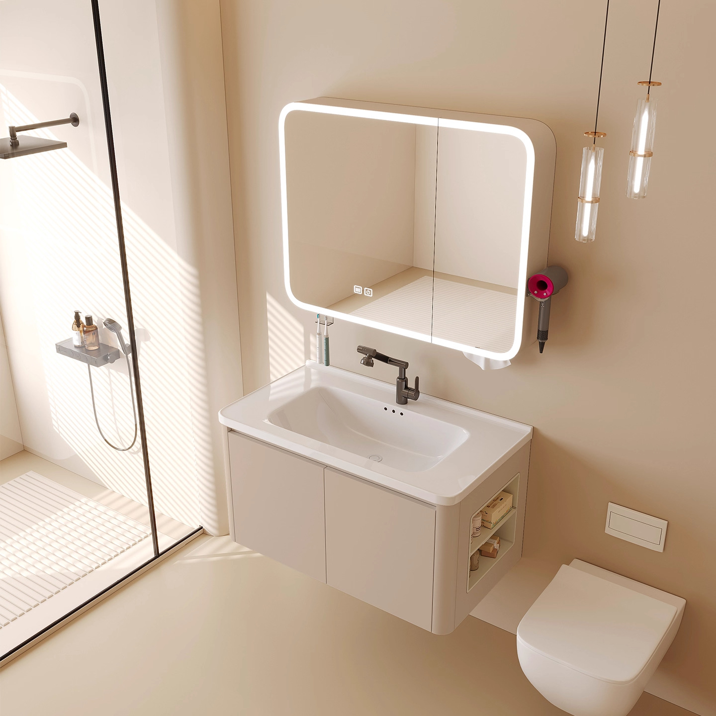 Cream-wind abeja de panela de baño gabinete combinado de cerámica lavabo de mano todo en uno gabinete lateral con cinturón de belleza inteligente