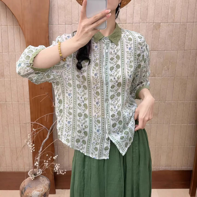 Retro Artistic Ramie Printed Lace Collar Half-Sleeve Shirt 2026 Spring and Summer New Fashion Stylish Women's Blouse