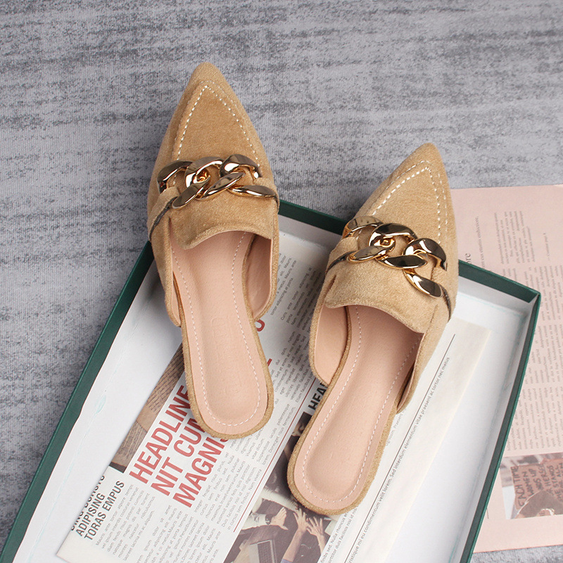 Flat half slippers women's spring and autumn new pointed metal chain Muller shoes 41-43 foreign trade shoes wholesale_voghion.com