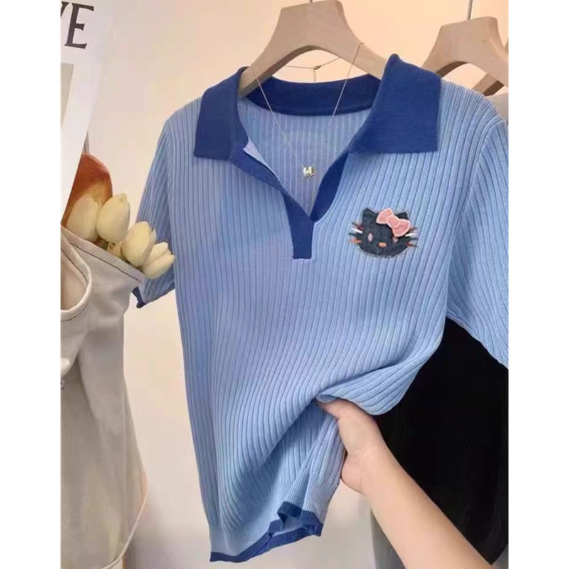 哥家商场同款女装2025夏季韩系蓝色POLO领猫咪刺绣冰丝短袖T恤女|undefined