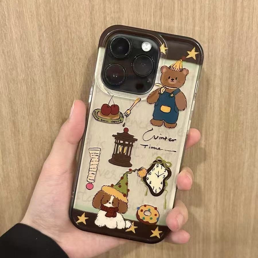 Dibujos animados lindo donut oso para iPhone16promax Apple 15 funda para teléfono móvil 14 nuevo 13 doble cara