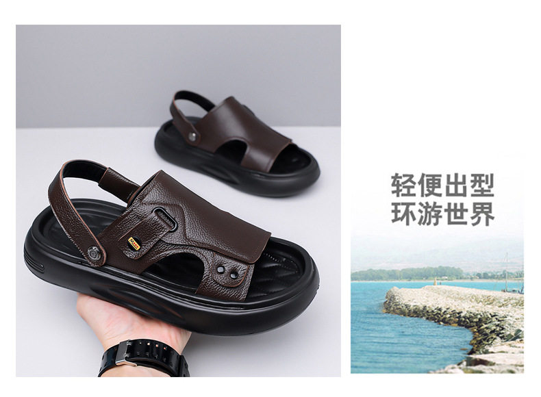 Dép sandal nam da bò lớp đầu đế dày xốp, quai hở ngón kiểu lười thoáng khí — G2S562 màu nâu, G2S562 màu đen chi tiết 6