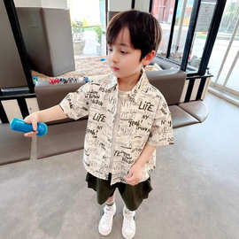 纯棉薄款~男童洋气印花短袖衬衫2025夏季新款儿童韩版半袖衬衣潮