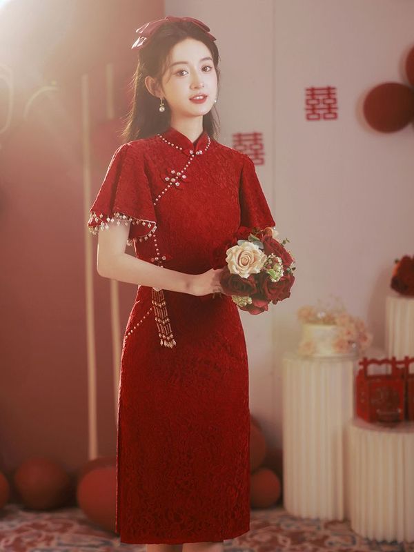 赤い敬酒服の新婦2025の新型の腕を遮って小さい背のチャイナドレスの婚約するドレスの女性は結婚して普段着ることができます。|undefined