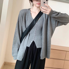 纯色慵懒薄款长袖针织开衫+背心两件套女2025新款的早秋穿搭上衣