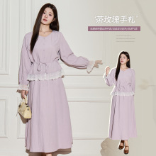 秋季新款韩版收腰蕾丝拼接套装胖mm大码女装遮肉显瘦两件套66060