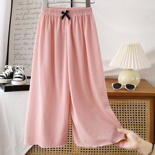 Summer lightweight girls' wide-leg pants, ice-silk flowing trousers—perfect for toddlers and kids! These straight-cut, figure-flattering, and super-comfy long pants come with a chic bow design, offering a relaxed yet stylish look for little ones.