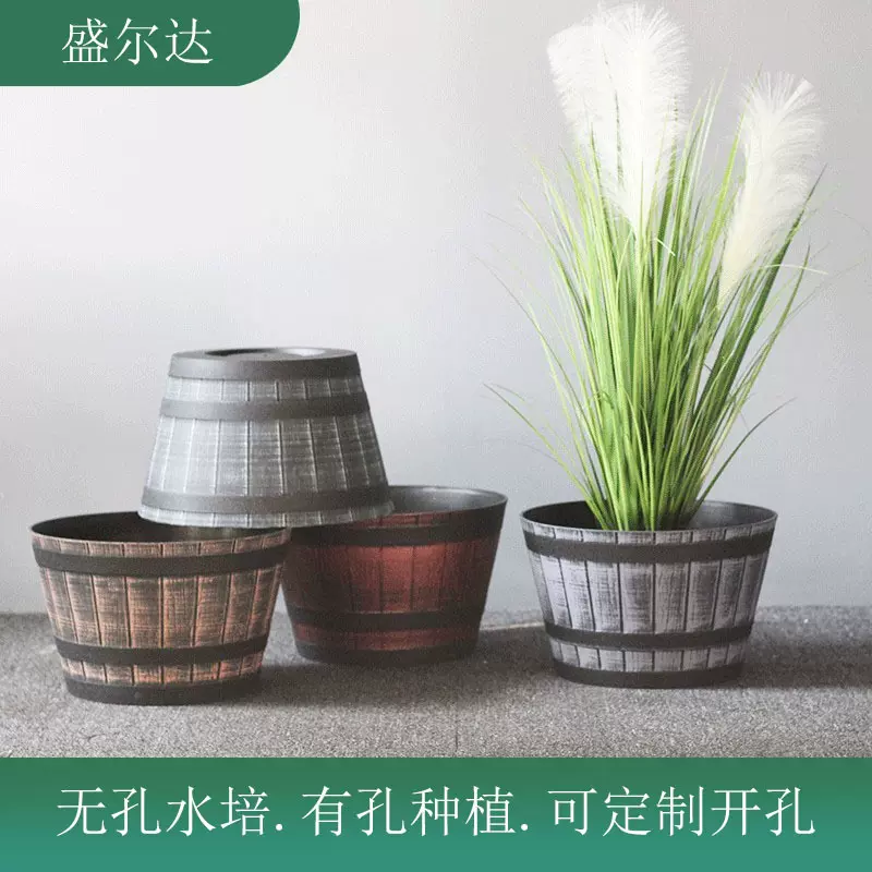 工厂直供仿木桶花盆 大口径树脂复古加厚耐用睡莲仿木桶花盆 批发