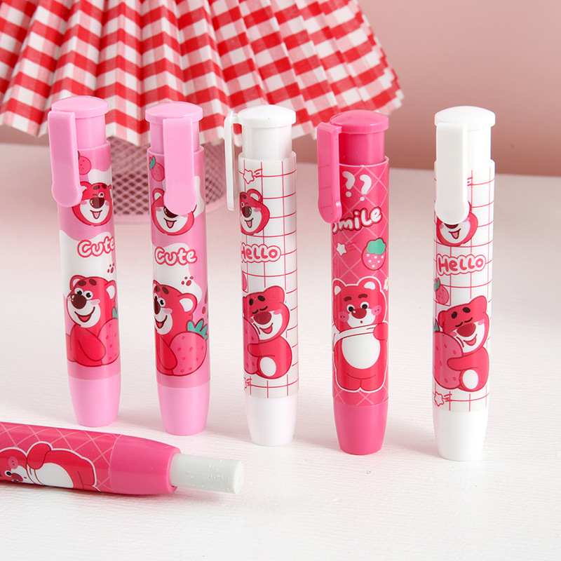 Cartoon Strawberry Bear Presione Eraser Papelería infantil creativo pequeño regalo retráctil presione la goma de borrar