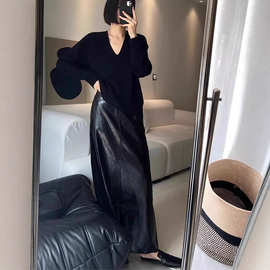 黑色质感小众PU皮裙秋季2025新款高腰设计感轻熟风到脚踝a字裙子