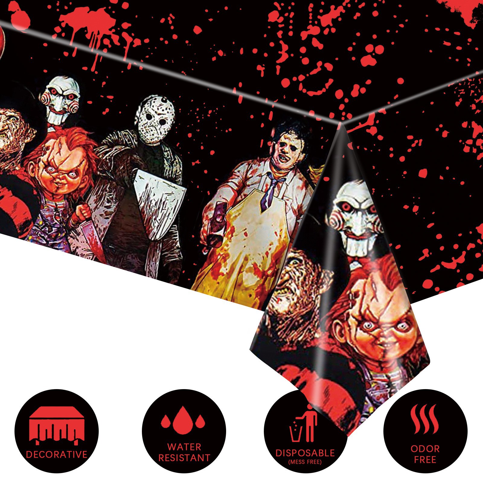 Tovaglia per feste di Halloween, decorazione per feste con film horror, disposizione del locale per la fuga dalla stanza, oggetti di scena, tovaglia usa e getta_voghion.com