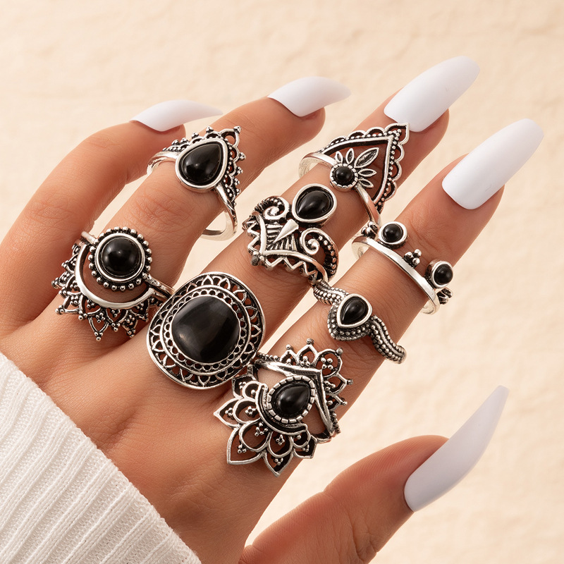 Plating Design Retro Jewelry Black Drip Ring Set Geometric Irregular Hollow Ring Eight-piece Set