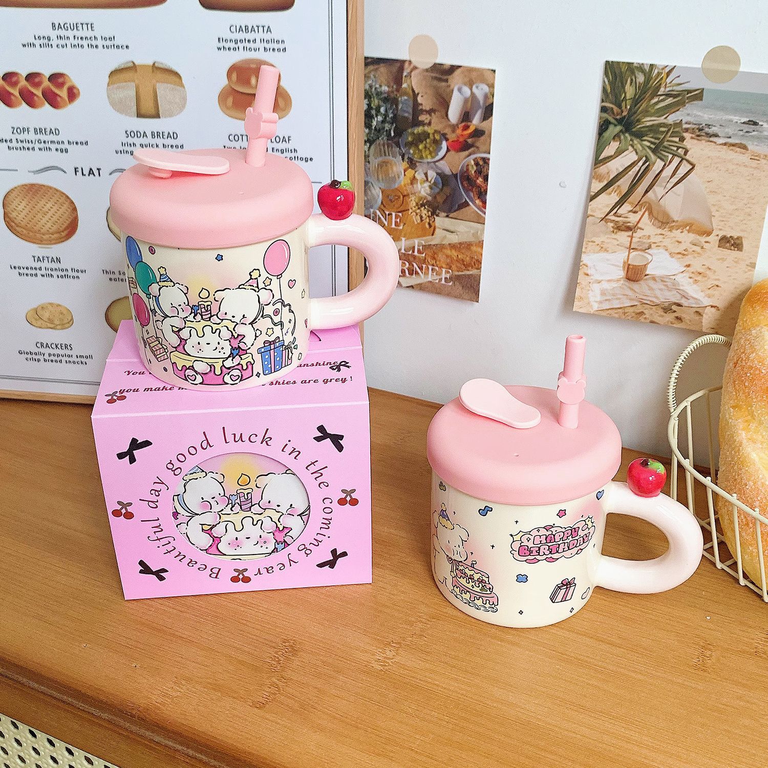 Cup for girls, high-value appearance, apple ceramic mug with lid, internet-famous creative straw cup, household water cup as a gift