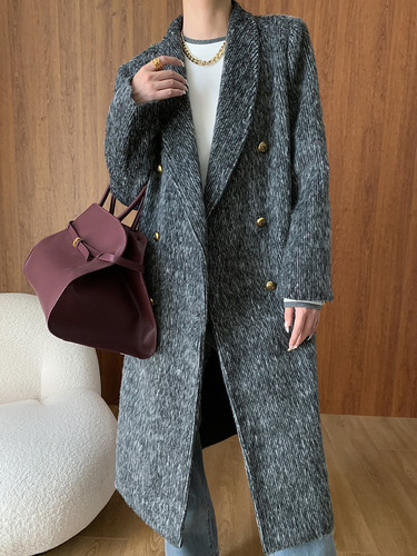 SN6102: Advanced British Style Wool Fleece Double-Faced Coat with Vertical Stripes - 2025 Autumn/Winter New Arrival