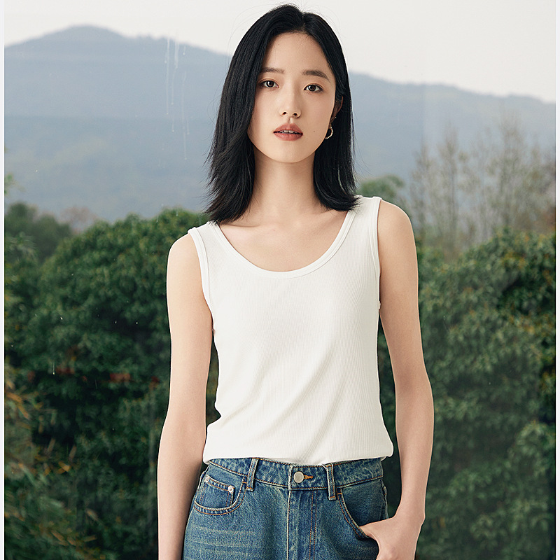 Yokos fabric, new summer Korean style women's round neck solid color camisole vest, short, slim fit, wholesale.