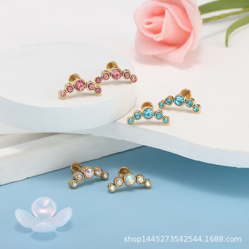16G Stainless Steel Internally Threaded Cartilage Ear Stud, Multi-Color Diamond-Encrusted Flat-Bottom Lip Stud, 1 Piece detail image 7