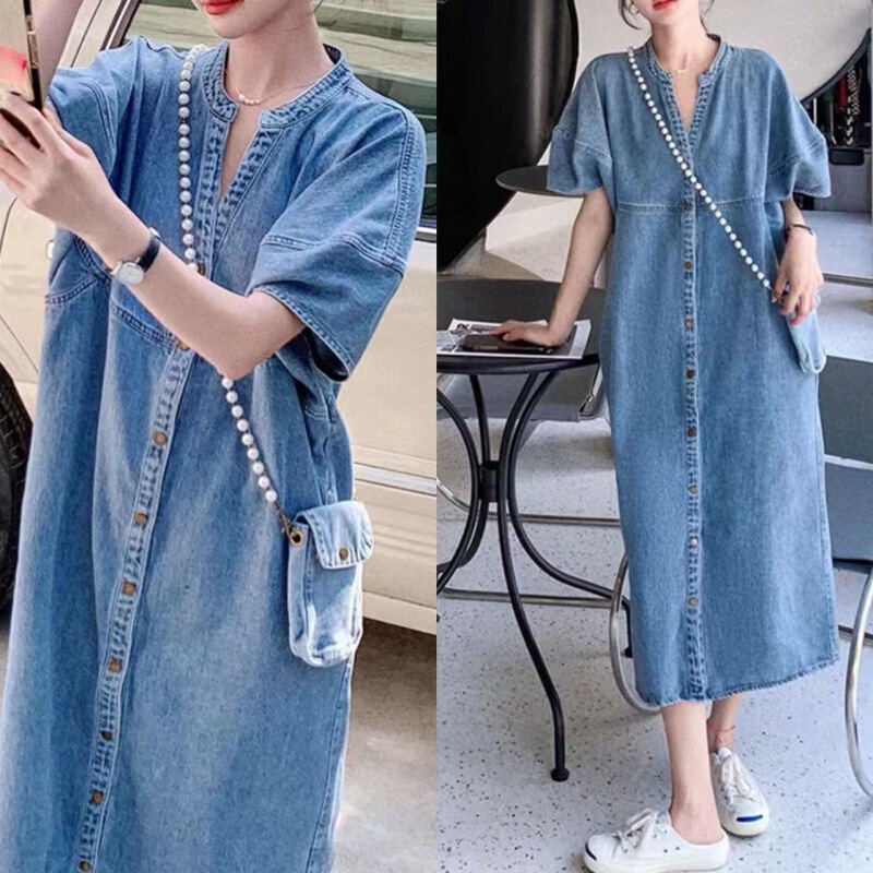 Hong Kong Style Retro Mid-Length Denim Dress Summer Women's Clothing 2025 New Loose Casual Straight Long Skirt