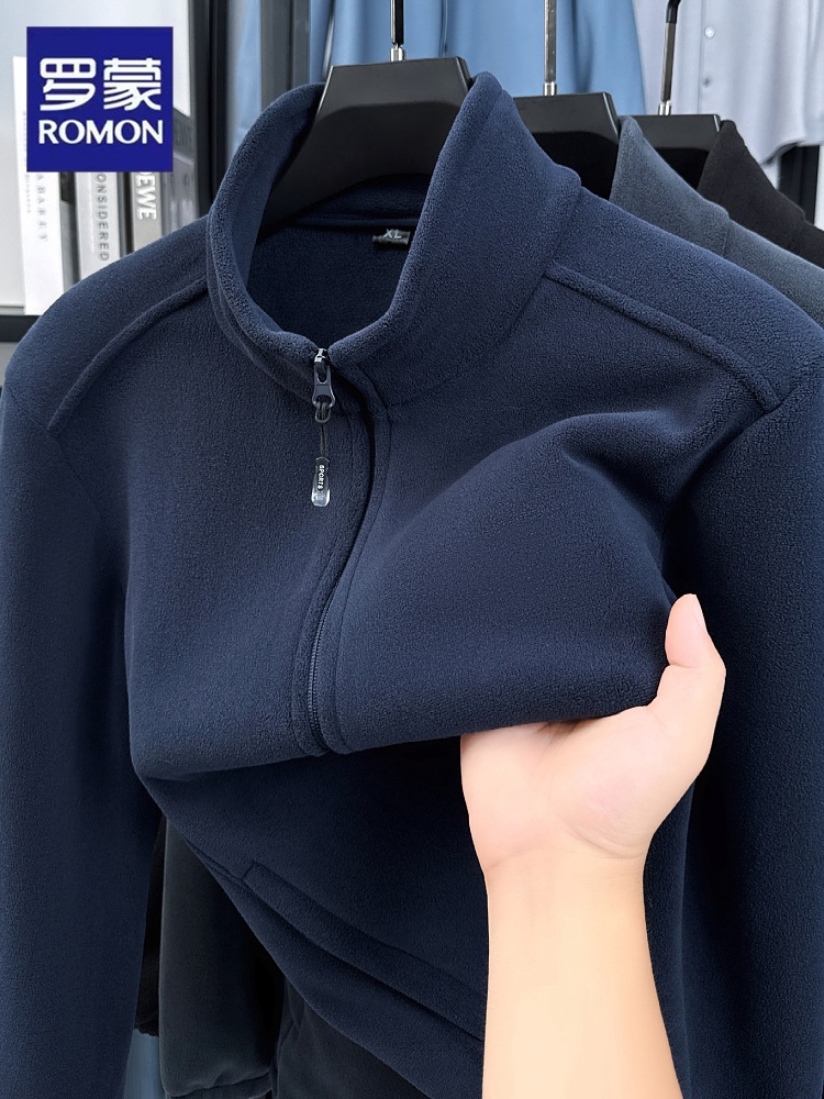 Romon Fleece Jacket for Middle-Aged Men, Autumn and Winter Thickened Cardigan Sweatshirt with Stand Collar Fleece Jacket for Men