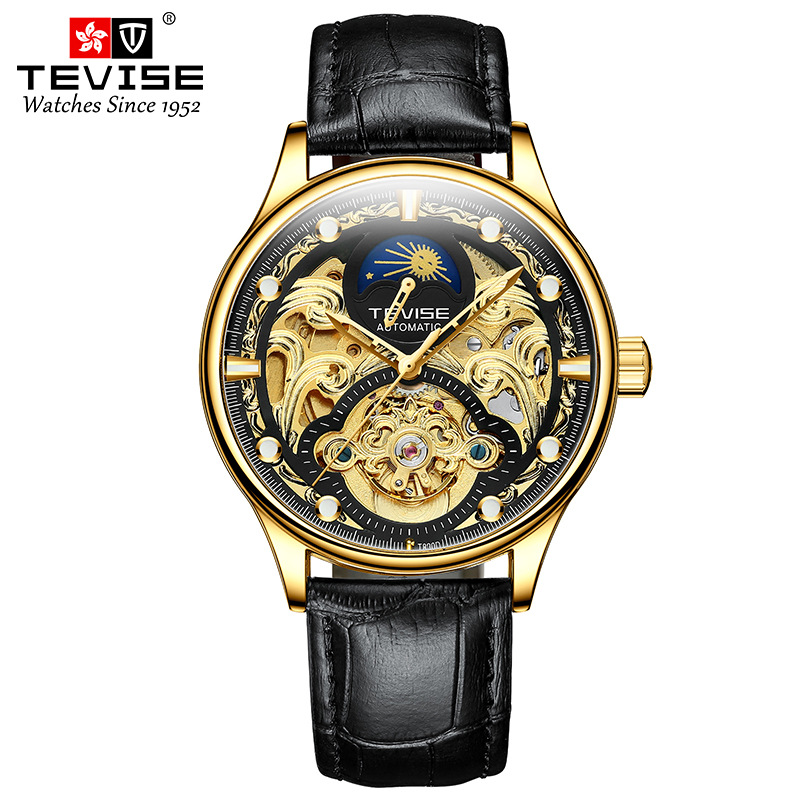TEVISE reloj mecánico automático casual para hombres hueco transparente fase lunar volante reloj mecánico para hombres T820D
