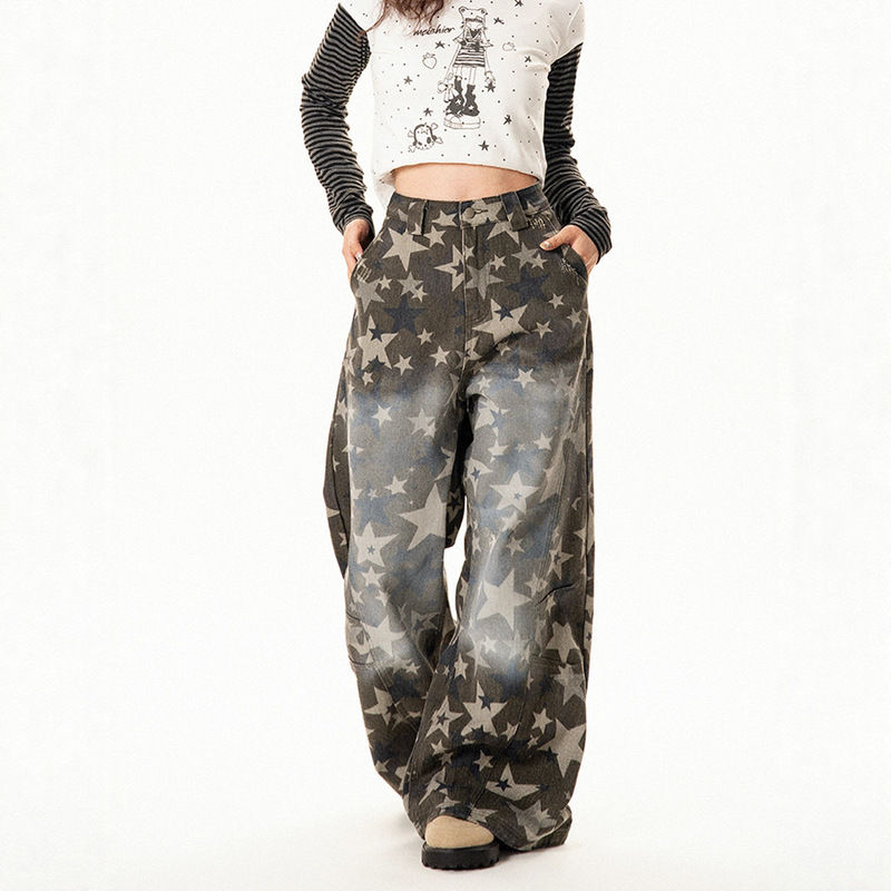 All-Over Star-Printed Jeans for Men and Women, Hot Girls, Punk Style, Distressed, Slimming, Washed, Floor-Length, Hip-Hop Jazz Scimitar Pants