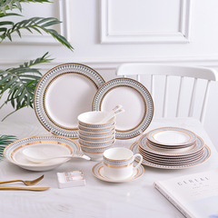 批發 金邊陶瓷餐具套裝家用歐式西餐盤牛排盤米飯碗湯盤碗碟套裝