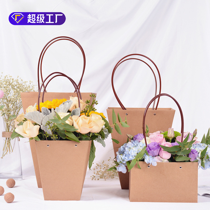 Bolsa de flores de piel de vaca portátil a prueba de agua bolsa de papel Kraft caja de flores floral arreglo floral bolsa de regalo flor bolsa de mano bolsa de ramo