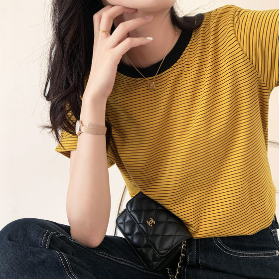 Cotton T-shirt striped round neck loose short sleeve women's summer wear 2023 New ins careful machine color matching half sleeve top fashion