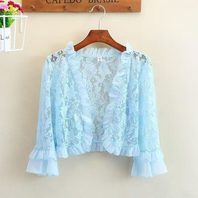 Summer New Women's Versatile Lace Hollow-Out Ruffle Sleeve Ultra-Fairy Shawl Jacket Short Cardigan Sun Protection Clothing