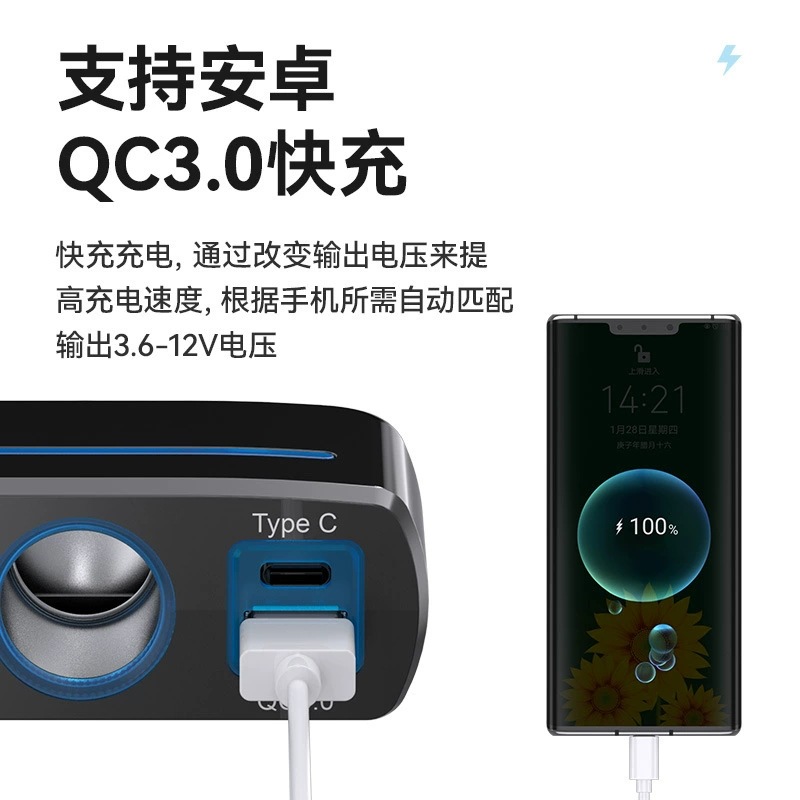Shunwei Car Charger Type C Compatible with Apple 17, Dual Cigarette Lighter Fast Charging Expansion Port Adapter USB
