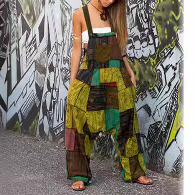 Women's Bohemian Patchwork Ethnic Print Sleeveless Loose Hemaran Pocket Onesie