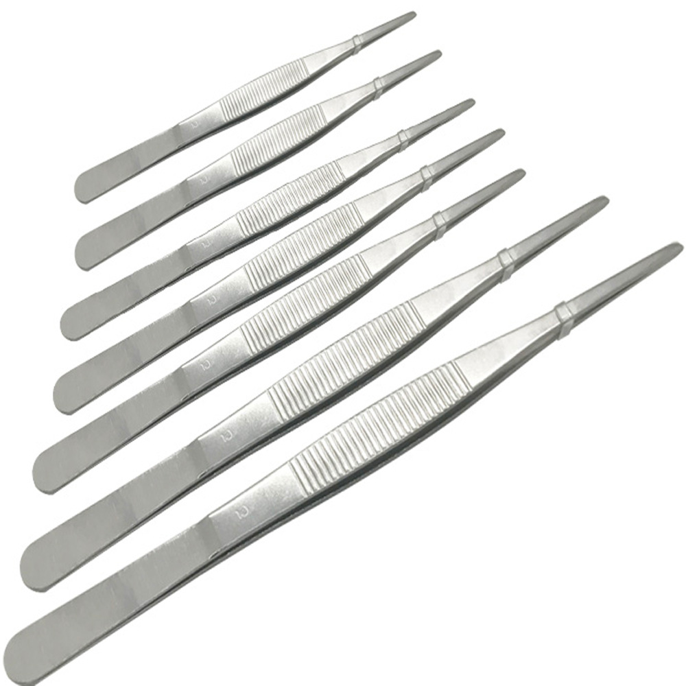 厂家供应125mm直头弯头圆头带防滑纹辅料碘伏不锈钢生物解剖镊子